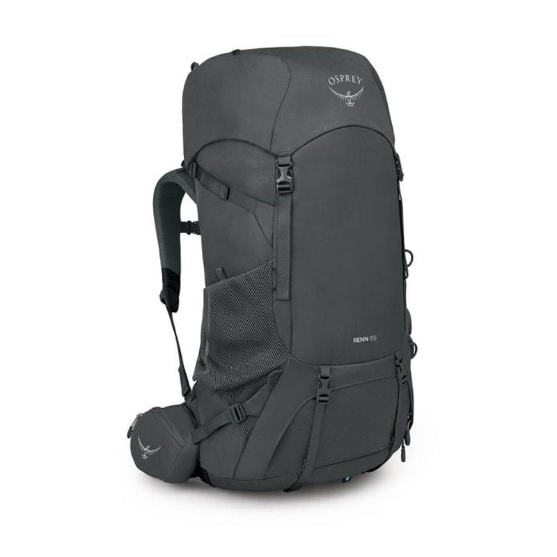 Mörkgrå Osprey Renn 65 vandringsryggsäck med Extended Fit, sidomeshficka och isdaxel