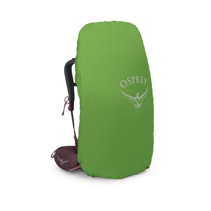 Osprey Kyte 58 damryggsäck med limegrönt regnskydd och mörkröd förpackning