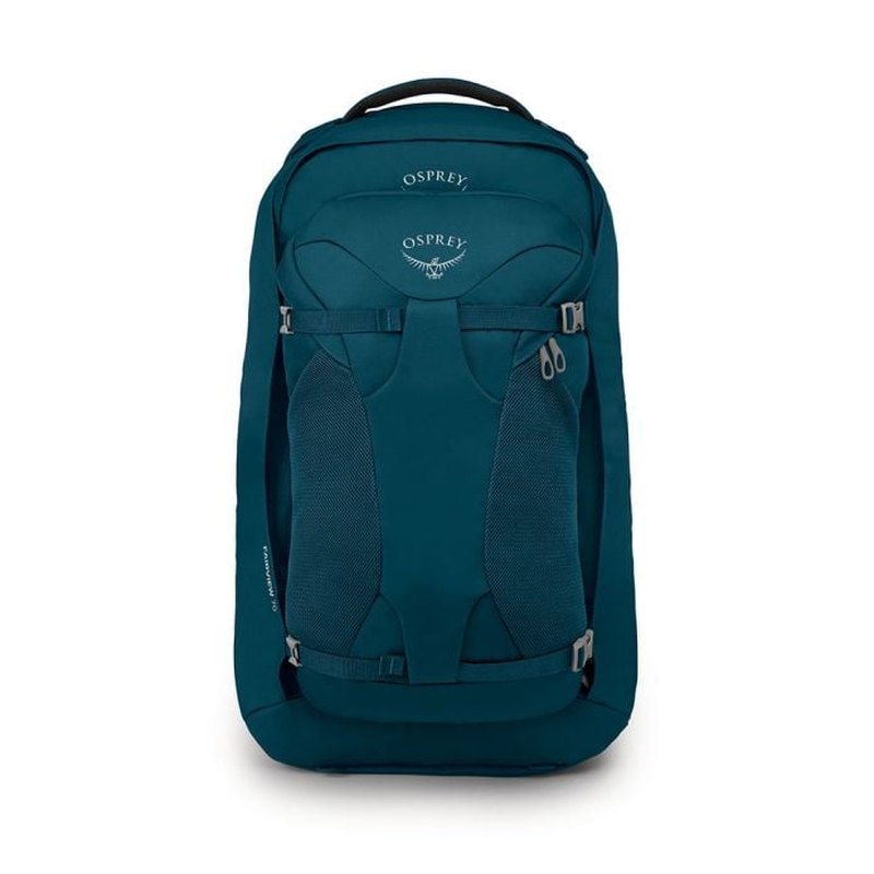Svart Osprey Fairview 70 reseryggsäck framifrån med mesh-sidofickor och kompressionsremmar