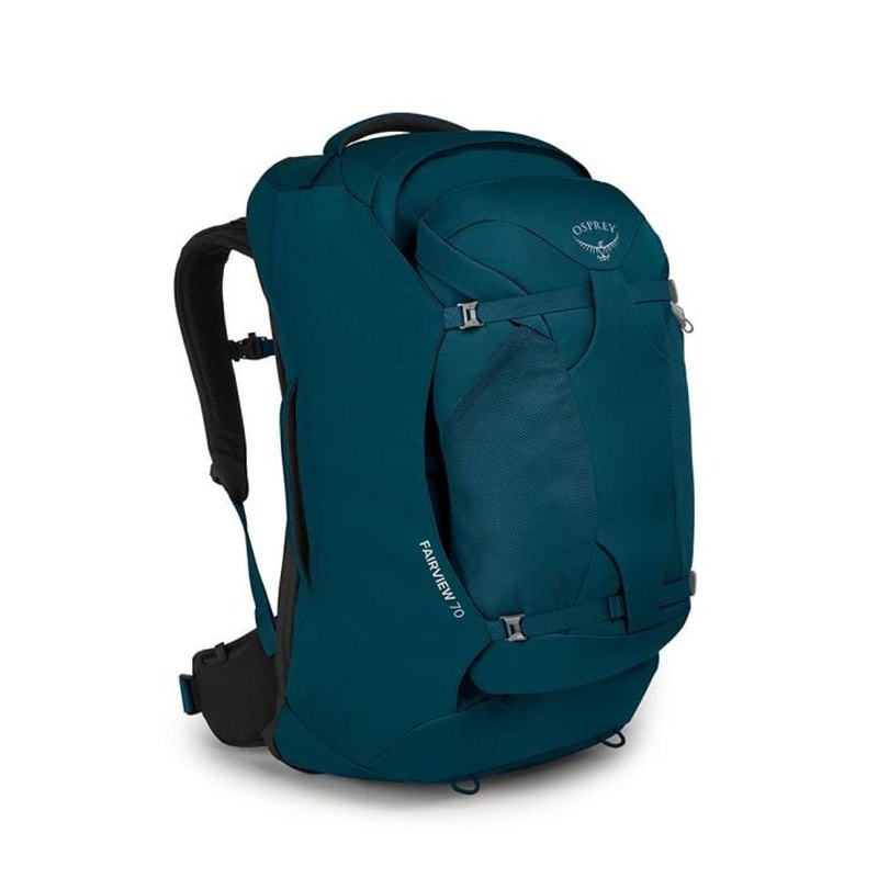 Teal Osprey Fairview 70 reseryggsäck snett bakifrån med ventilerande bärplatta och sidoprofil