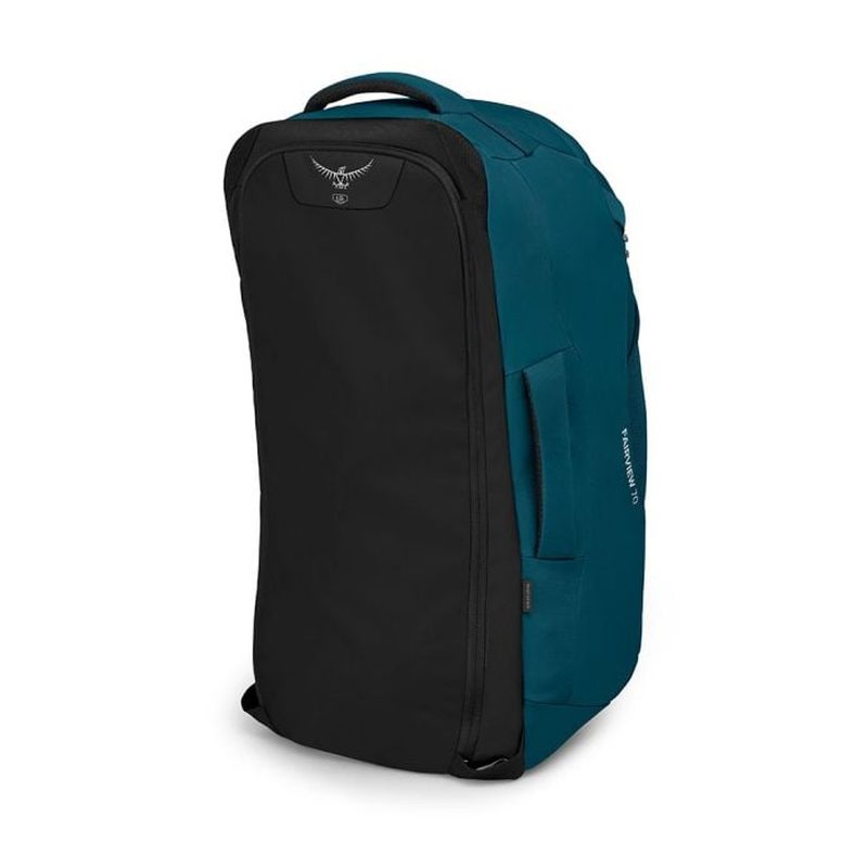 Teal Osprey Fairview 70 reseryggsäck snett bakifrån med svart bakpanel och dragkedja