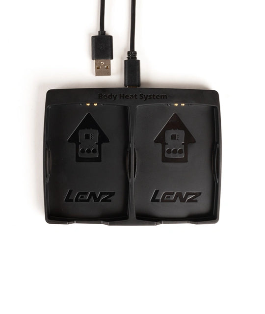 Svart dubbelbatteriladdare till Lenz värmestrumpor med USB-kabel