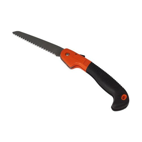 Orange och svart fällbar såg med rostfritt blad mot vit bakgrund