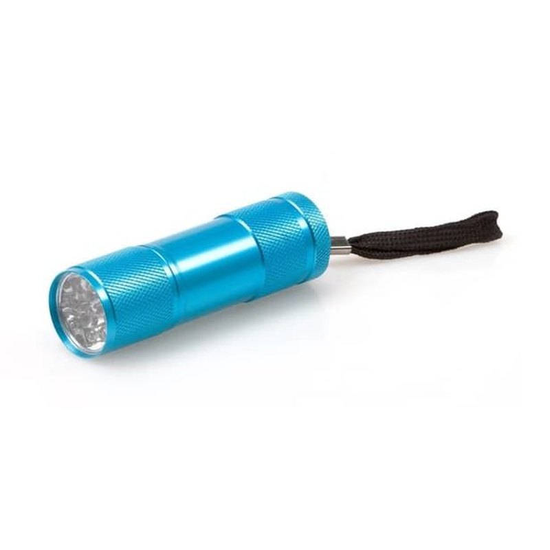 Turkosblå aluminiumficklampa med 9 LED och rutmönstrad textur