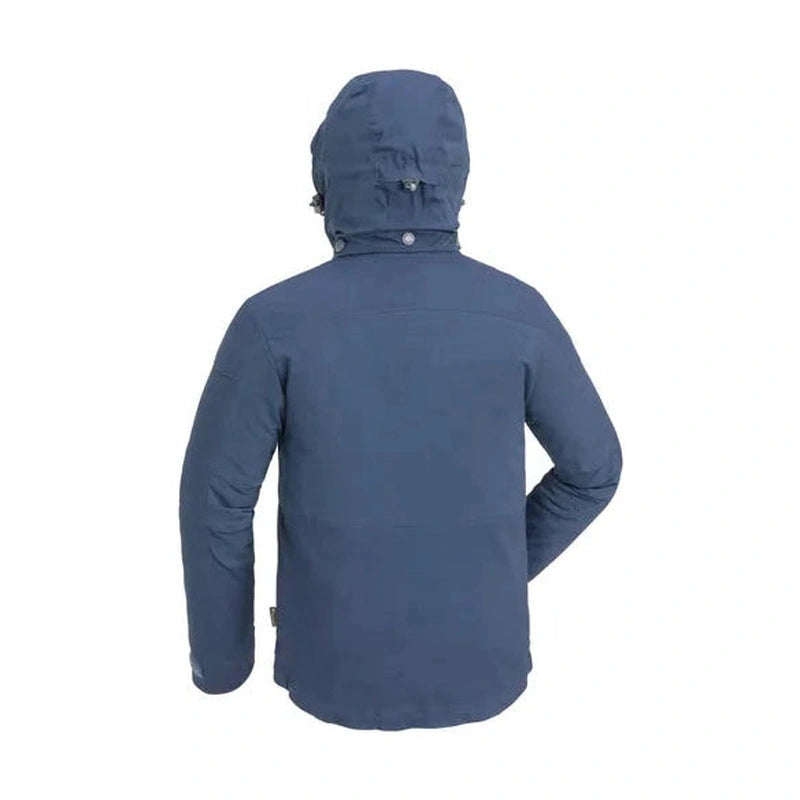 Baksida av mörkblå hybridjacka med justerbar huva