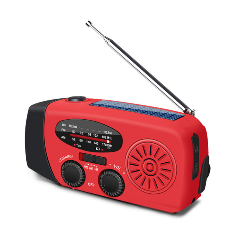 Röd nödradio med solcell, vev och AM/FM-radio för beredskap