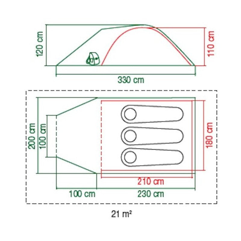 Teknisk ritning med måttangivelser och schematisk bild av tre sovmattor för Pingora 3