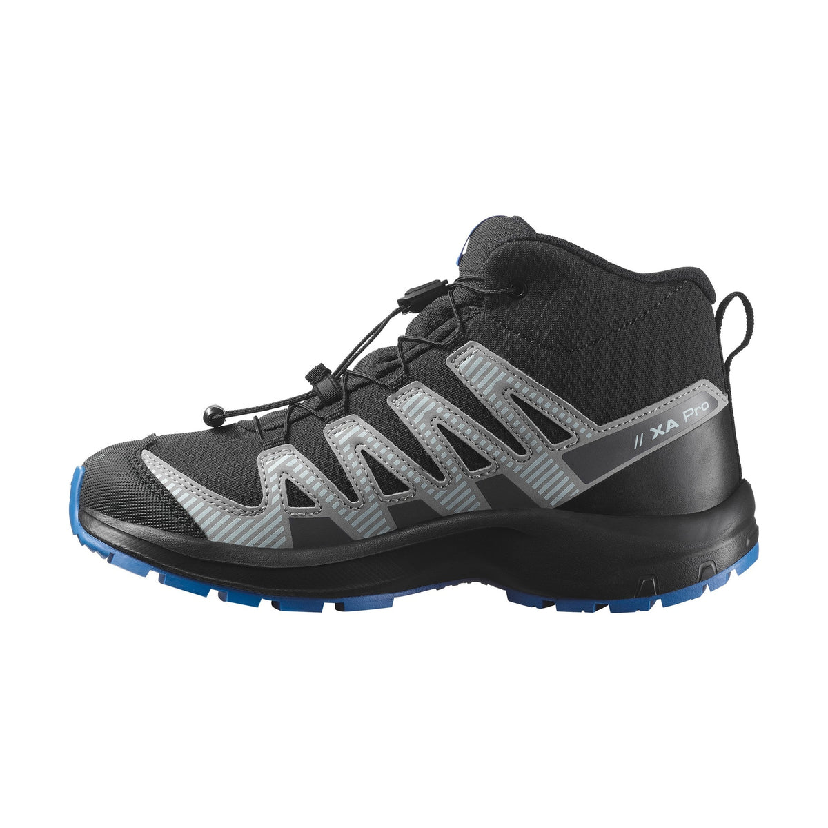 Toppvvy och sidovy av Salomon XA PRO V8 Mid Junior med snörning och inlägg