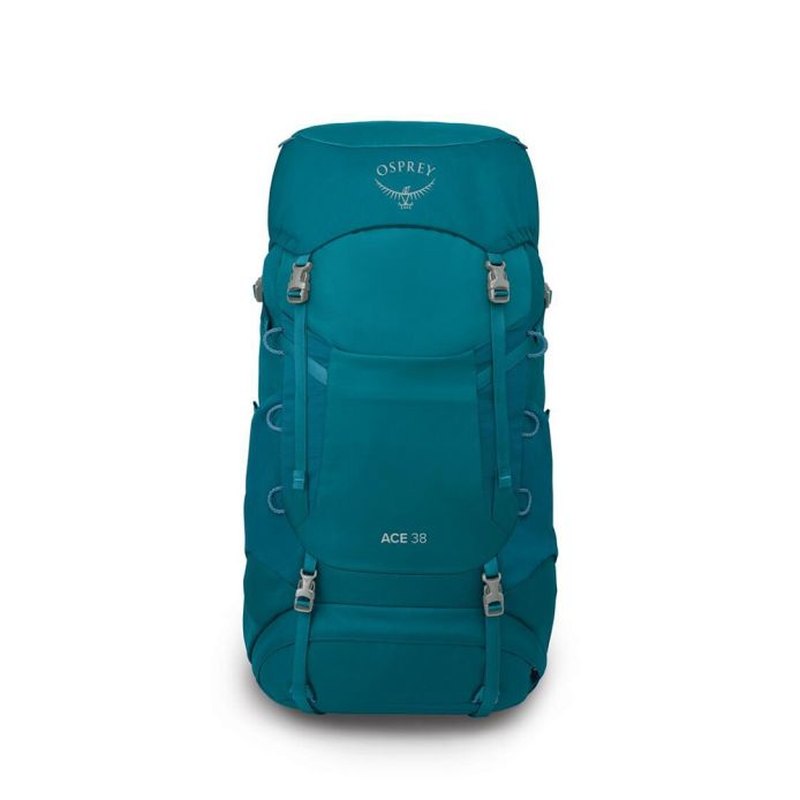 Framsida av teal Osprey Ace 38 med central frampocke och Osprey-logotyp