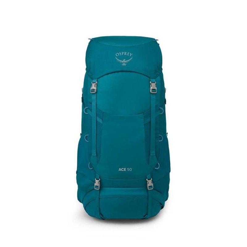 Teal Osprey Ace 50 vandringsryggsäck framifrån mot vit bakgrund