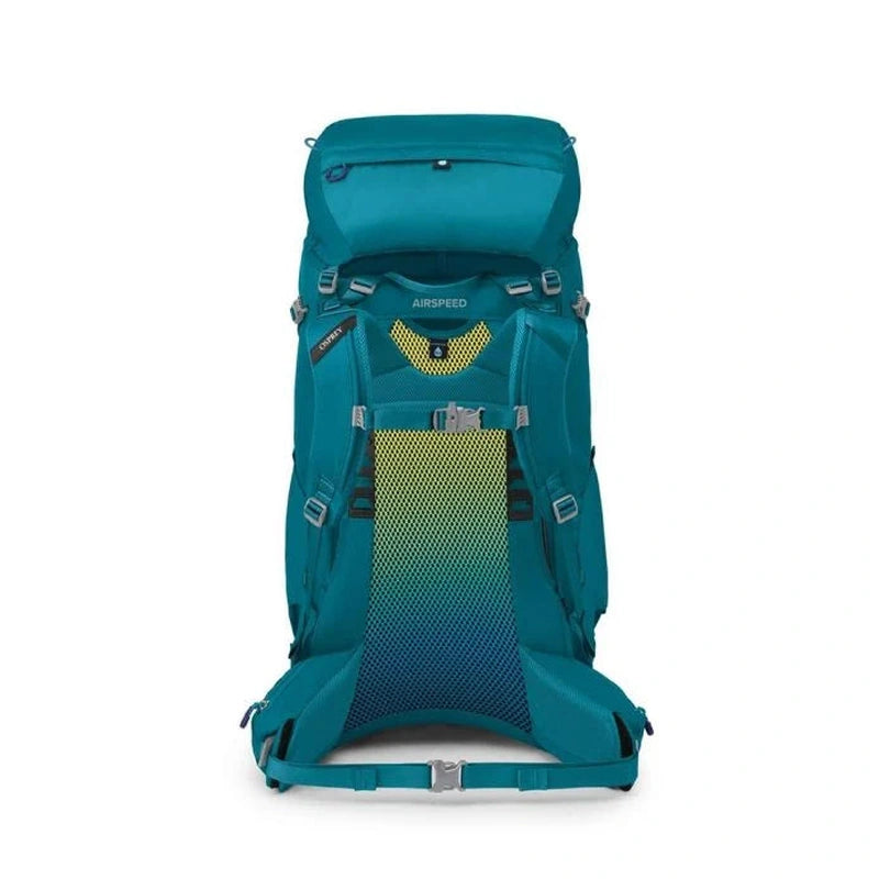 Bakvy av teal ryggsäck som visar gul teal mesh AirSpeed™-system