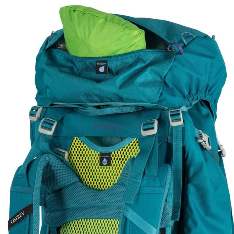 Baksida av teal ryggsäck med limegrönt AirSpeed™-mesh och spännen