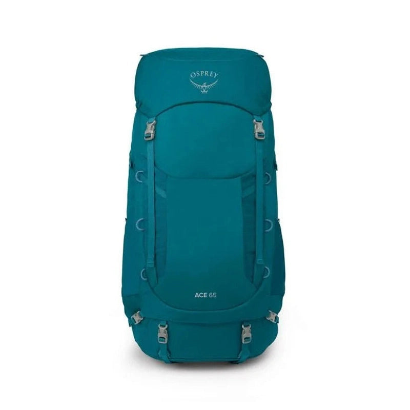 Frontvy av teal Osprey Ace 65 ryggsäck med synlig logotyp och fästen