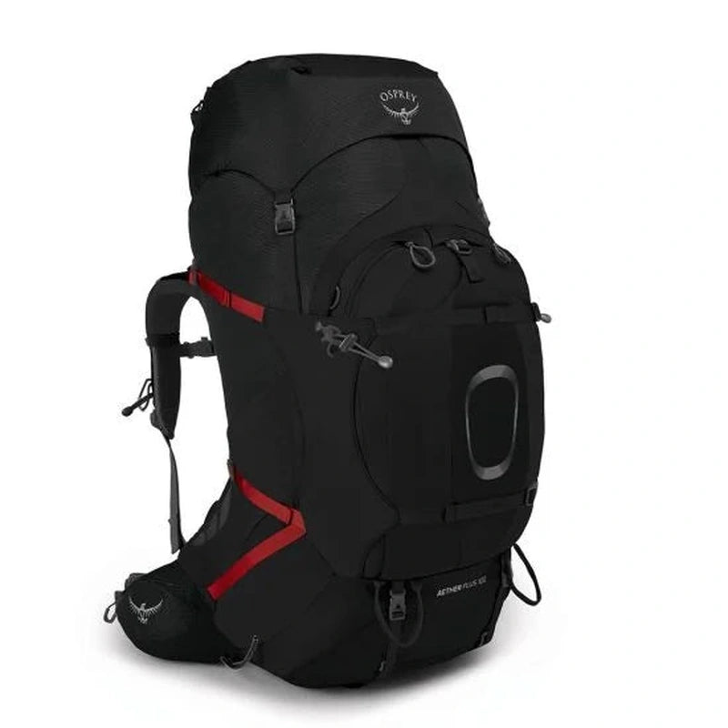 Svart Osprey Aether Plus 100 vandringsryggsäck med röda detaljer