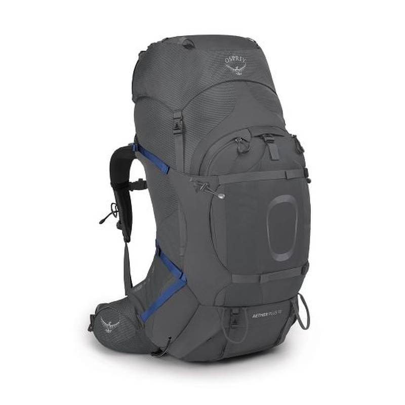 Osprey Aether Plus 70 mörkgrå ryggsäck sidovy med frontficka och stretchband