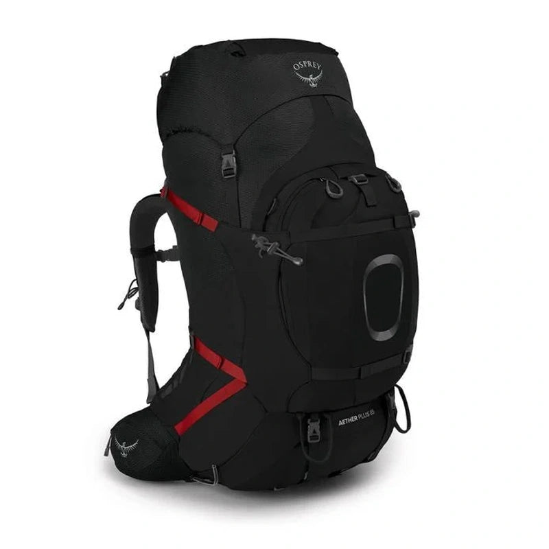 Framsida av Osprey Aether Plus 85 ryggsäck med reflexdetaljer och sidoremmar