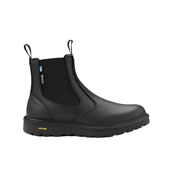 Svart läderchelseabo med gul Vibram-text mot vit bakgrund