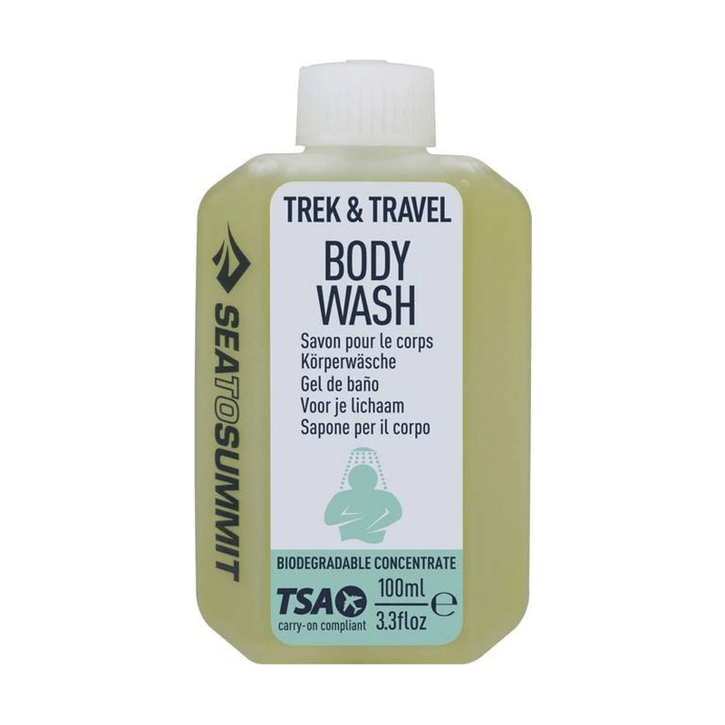 Trek & Travel tvål i läckagesäker 100ml flaska med vit lock och TSA-godkännande
