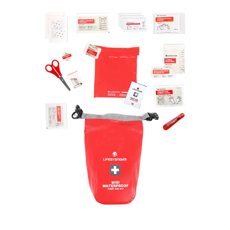 Mini Waterproof First Aid Kit innehåll utlagt: bandage, tändstickor