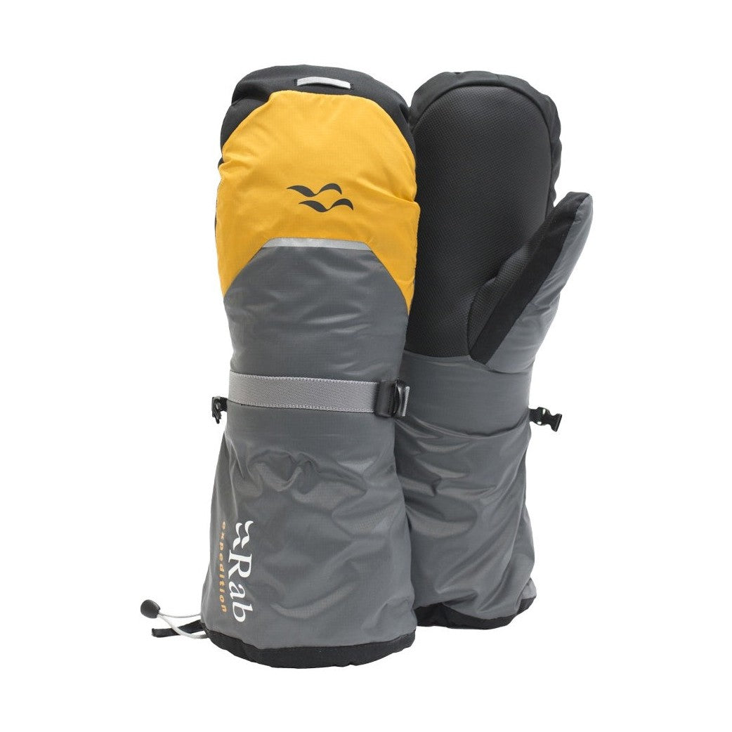 Par Rab Expedition 8000 dunvantar i grått/gult med svart palm och logotyp