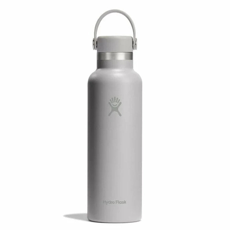 Ljusgrå Hydro Flask vattenflaska med grått lock och handtag