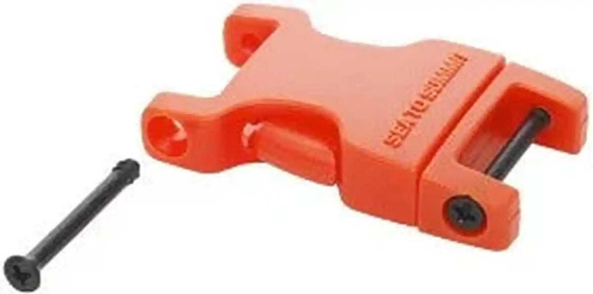Close up of orange plastic buckle and black screw detail