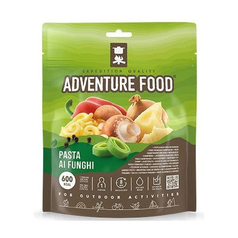 Frystorkad Pasta ai Funghi från Adventure Food i grönbrun förpackning med svampsås och ost