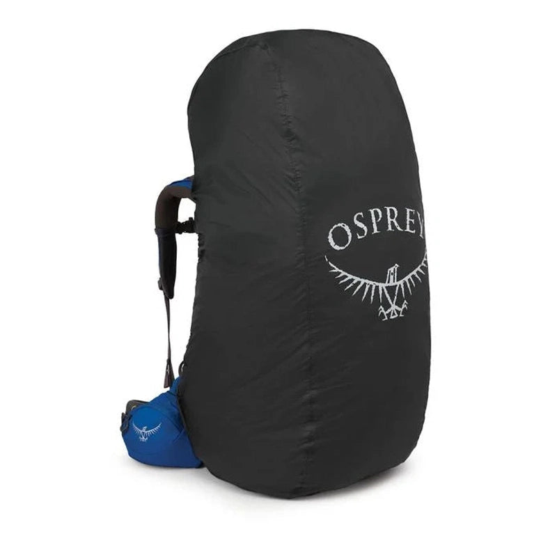 Svart Osprey UL regnskydd över ryggsäck, vit logotyp och taped seams