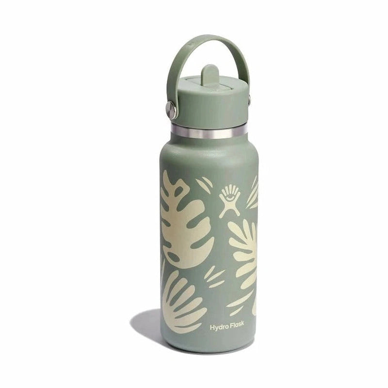 Grön Hydro Flask vattenflaska med tropiskt bladmönster och flex straw lock