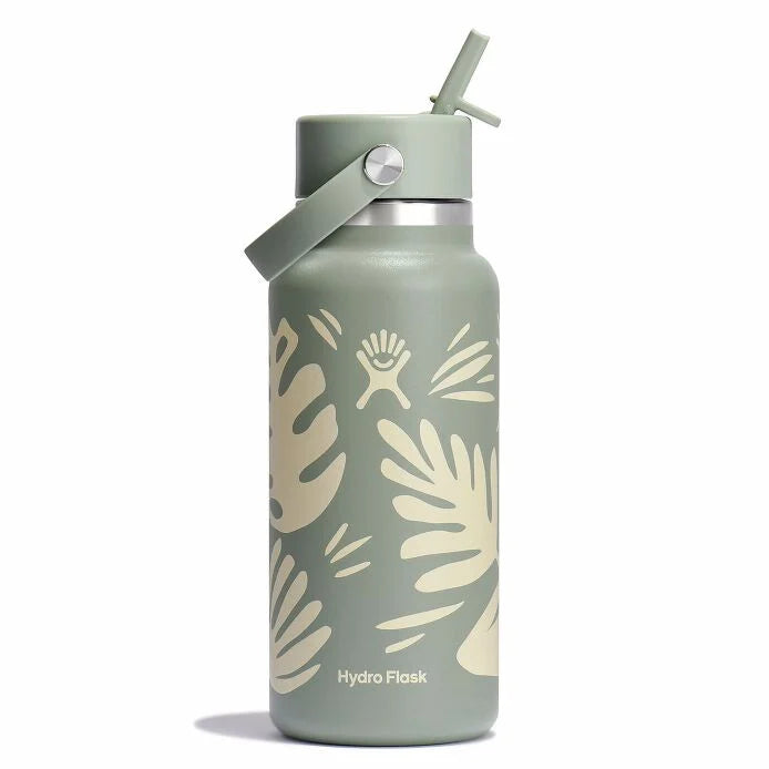 Hydro Flask termos med öppet sugrör och matt grön yta med bladprint