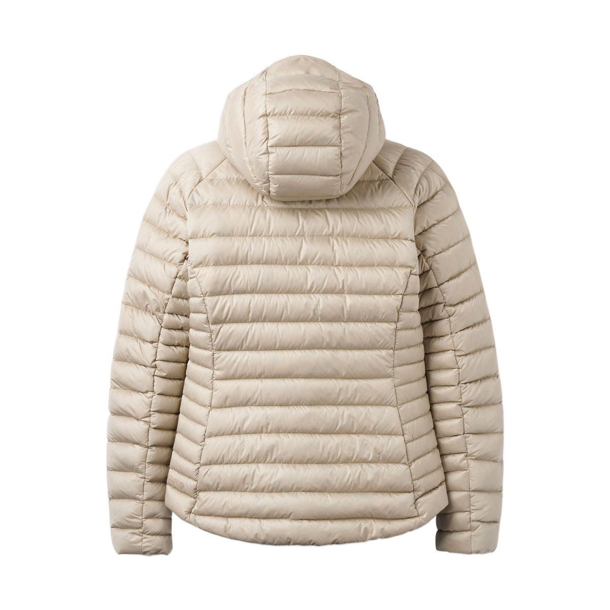 Bakvy av beige Rab dunjacka med integrerad huva och slät yta