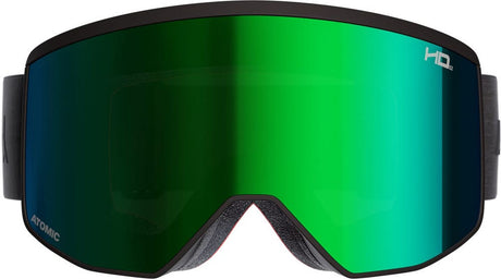 Framvy av svarta Atomic Four Pro L HD skidglasögon med grön-blå lins och fuktabsorberande kant