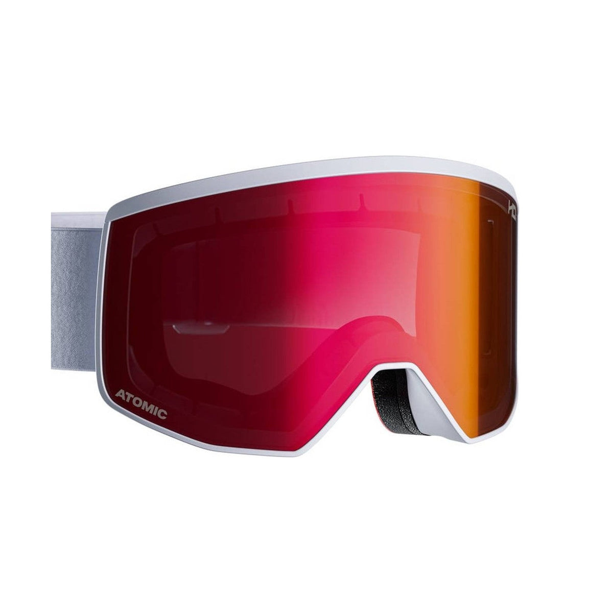 Ljusgrå Atomic Four Pro L HD skidglasögon med orange-röd spegelglasa och texturerad rem