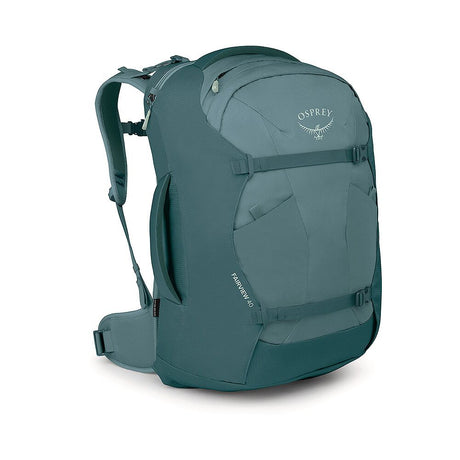 Framsida Osprey Fairview 40 ryggsäck Graphite Purple med logotyp och spännband